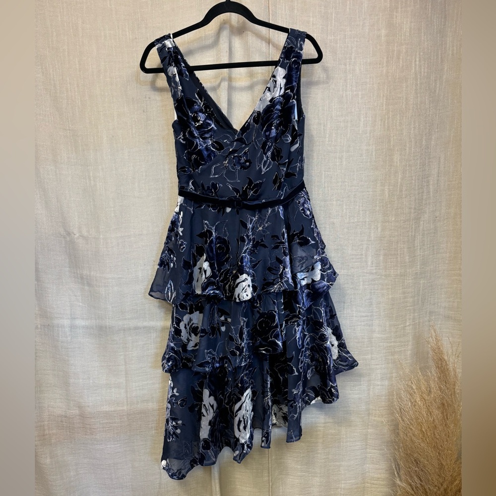 Marchesa Notte Sleeveless Velvet Burnout Chiffon Dress with Tiered Skirt Size 2 - Picture 4 of 9